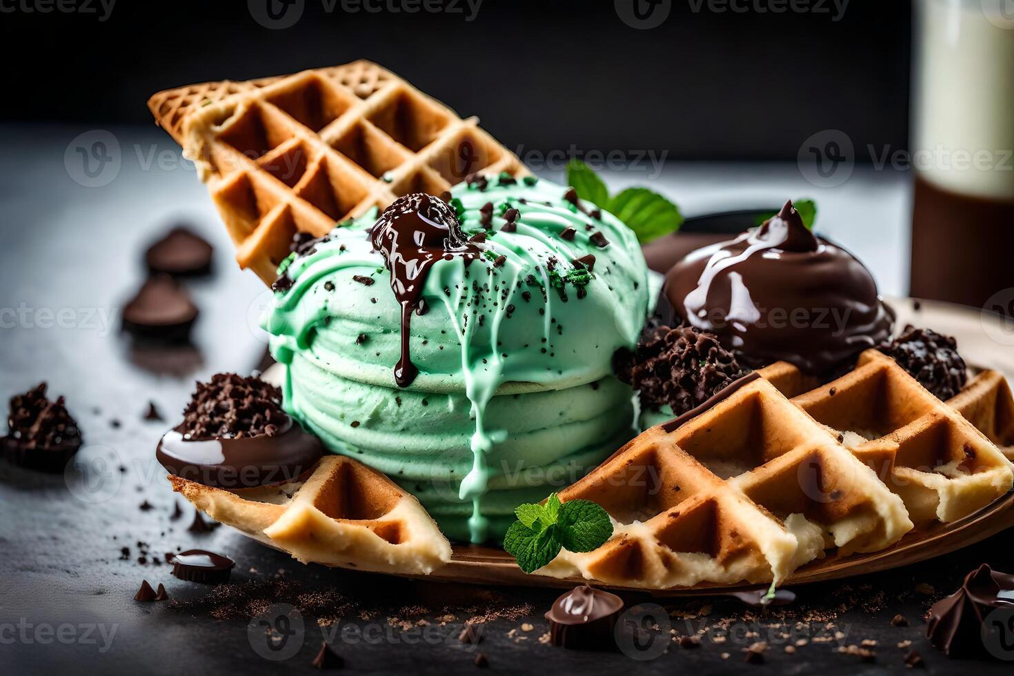 ice cream and waffles with chocolate and mint. AIGenerated 34836191