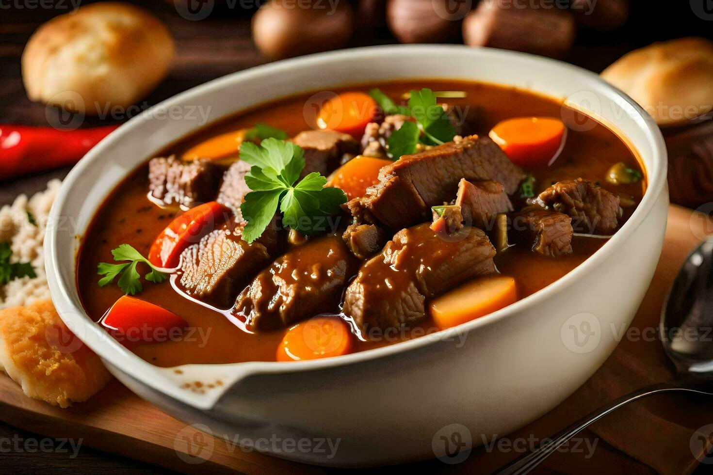 a bowl of beef stew with carrots and potatoes. AI-Generated photo