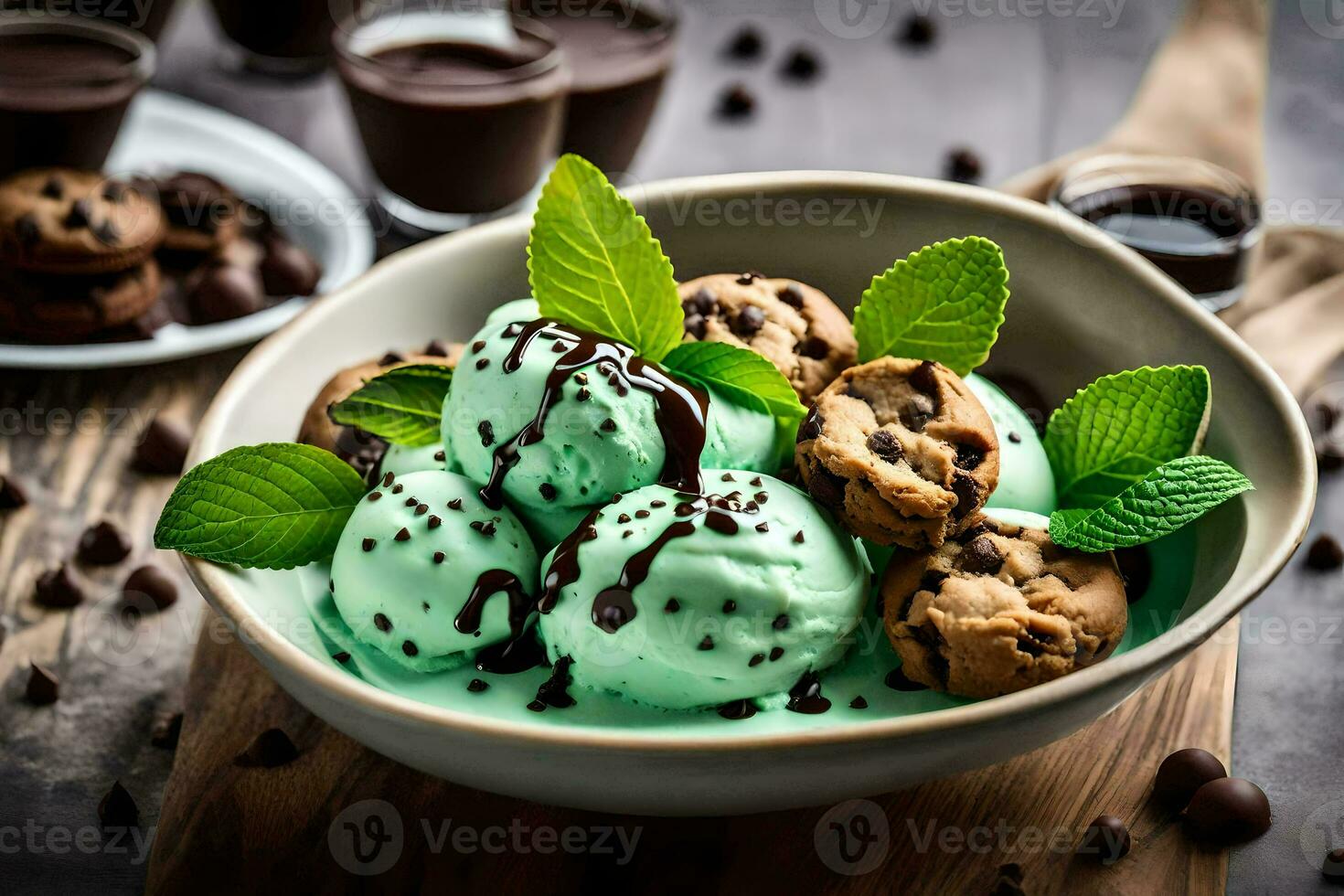 chocolate chip cookies and mint ice cream in a bowl. AI-Generated photo