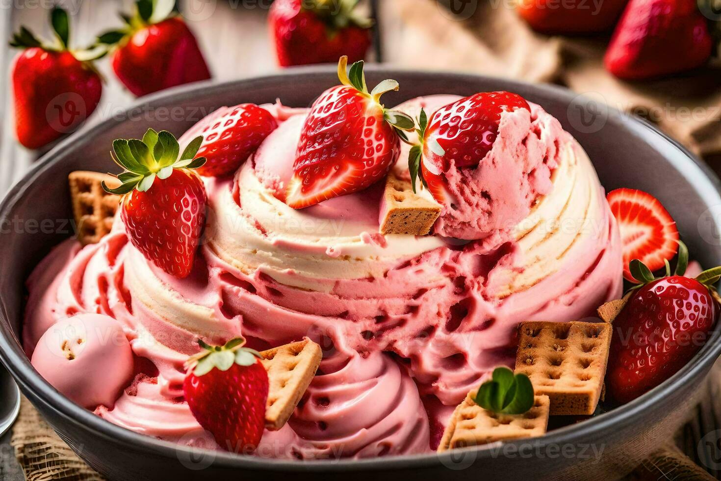 a bowl of ice cream with strawberries and waffles. AI-Generated photo