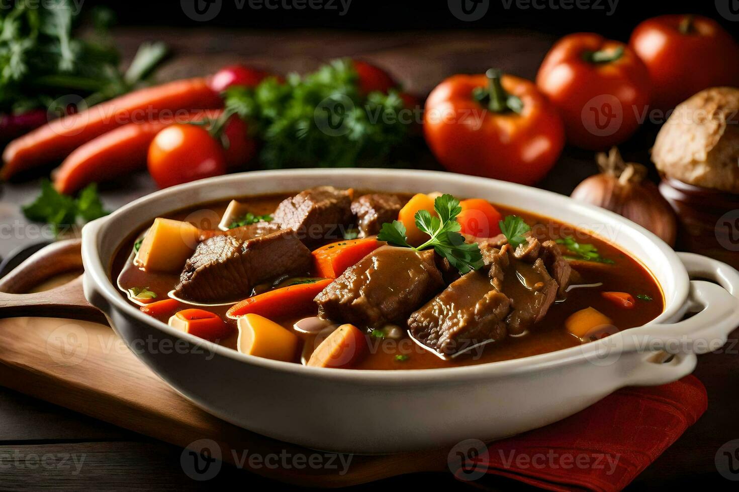 a bowl of beef stew with vegetables and carrots. AI-Generated photo
