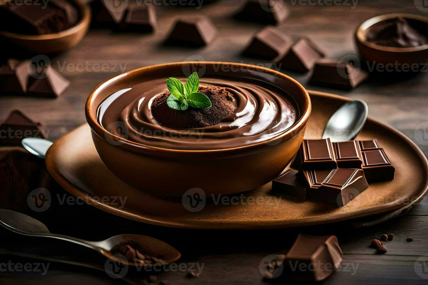 chocolate pudín en un bol. generado por ai foto