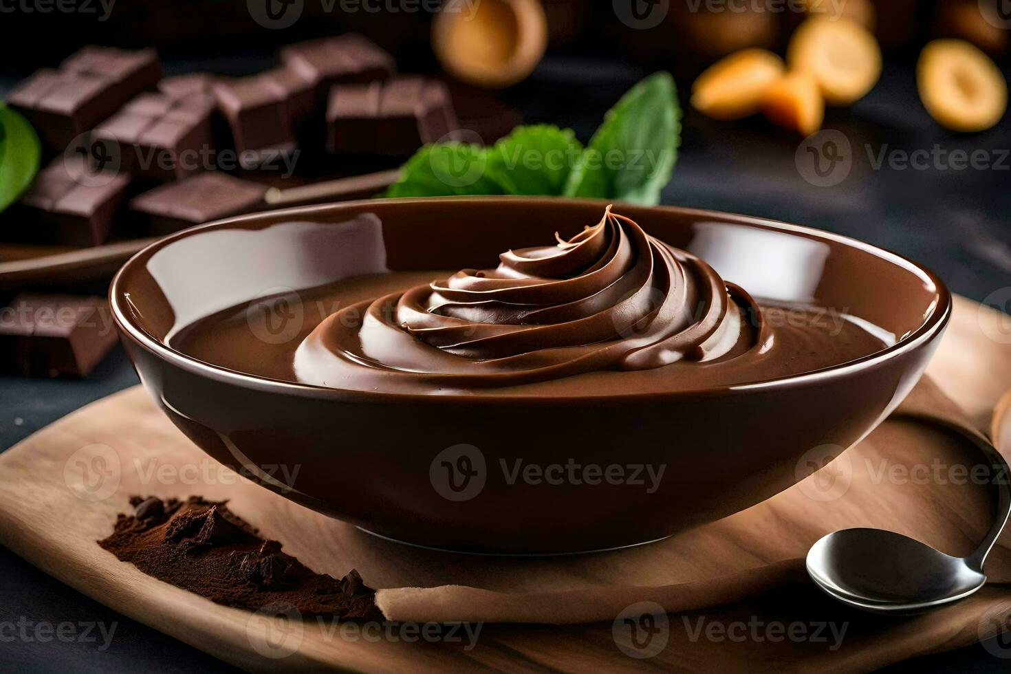 chocolate pudding in a bowl. AI-Generated photo