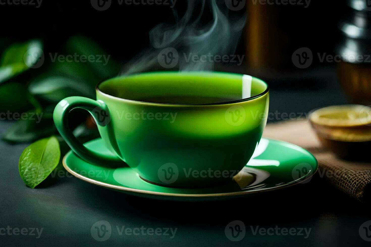 green tea in a cup on a black background. AI-Generated photo