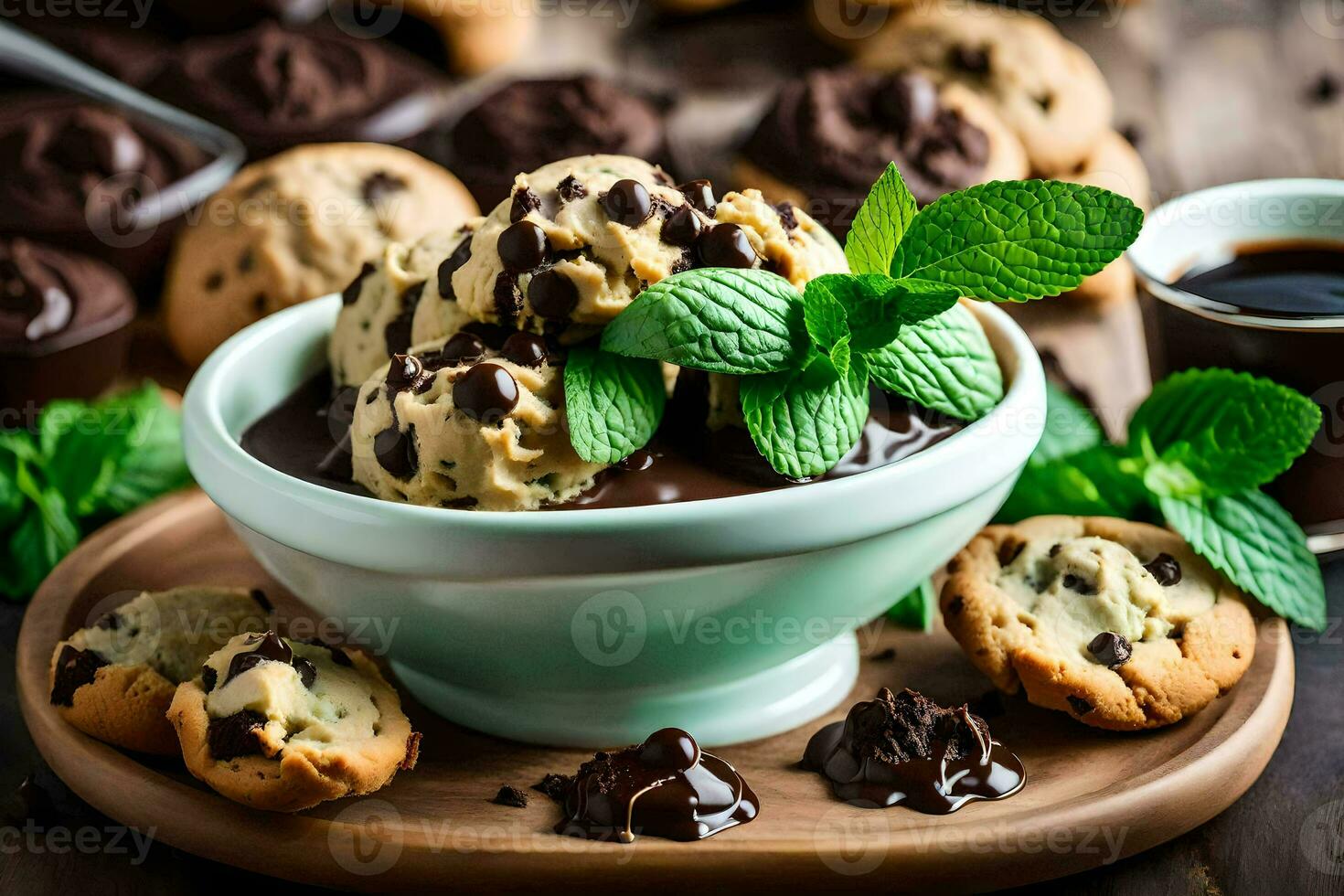 chocolate chip cookie ice cream with mint leaves and cookies. AI-Generated photo