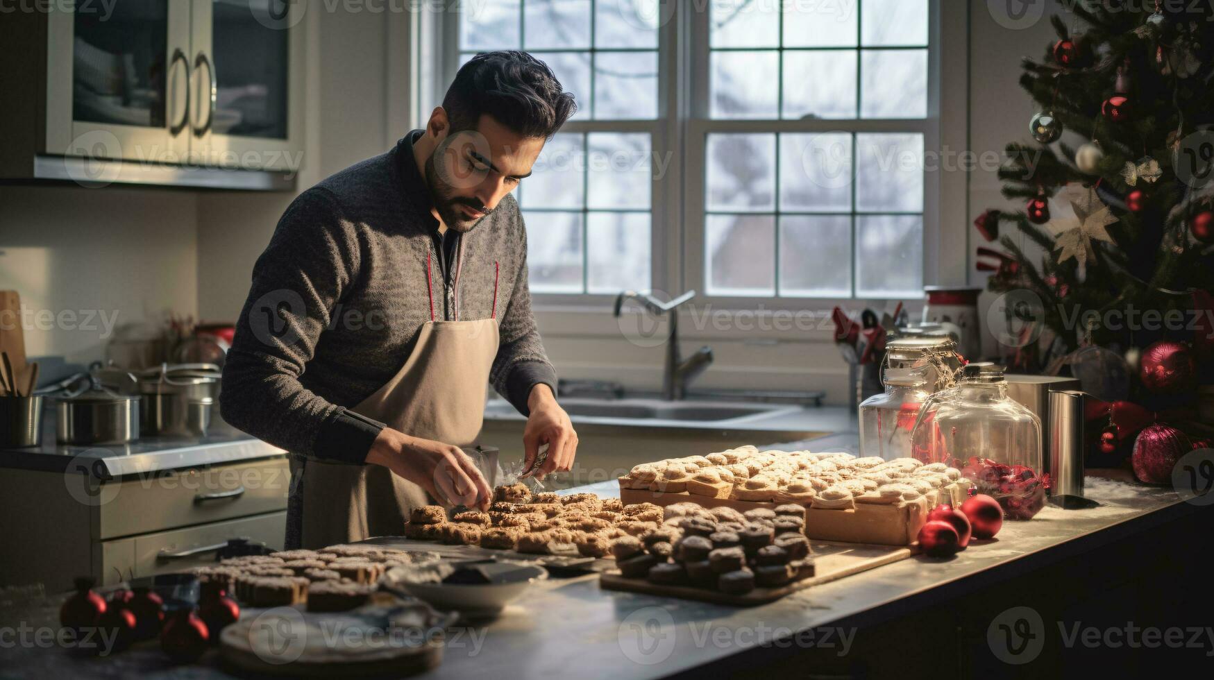 AI generated multy etjnic man and woman Baking, preparing festive dinner in modern kitchen with christmas decorations photo