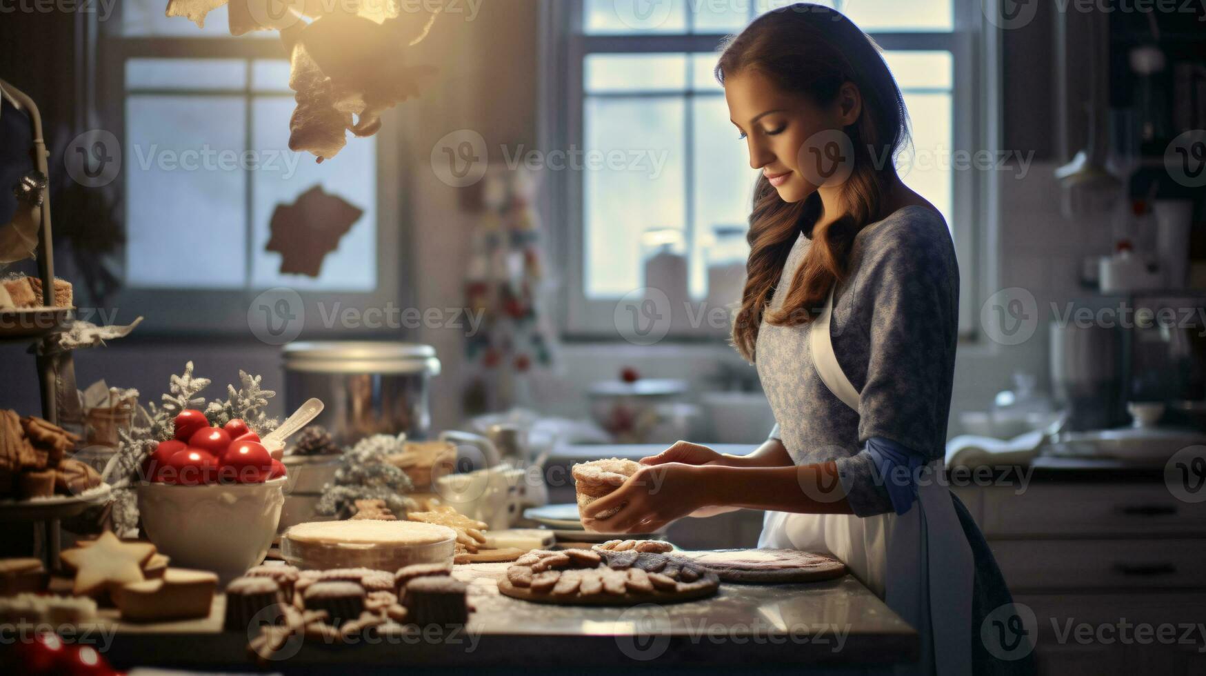 ai generado multy étnico hombre y mujer horneando, preparando festivo cena en moderno cocina con Navidad decoraciones foto