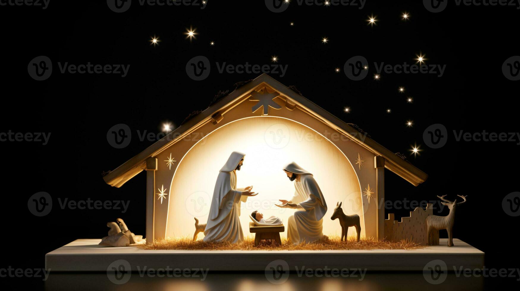 ai generativo Navidad iluminado por las estrellas natividad escena diorama retratar el historia de Jesús nacimiento foto