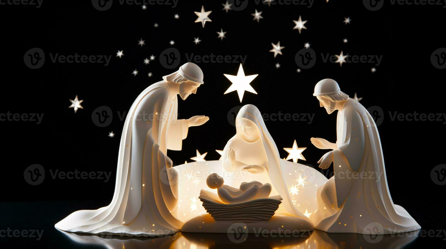 ai generativo Navidad iluminado por las estrellas natividad escena diorama retratar el historia de Jesús nacimiento foto