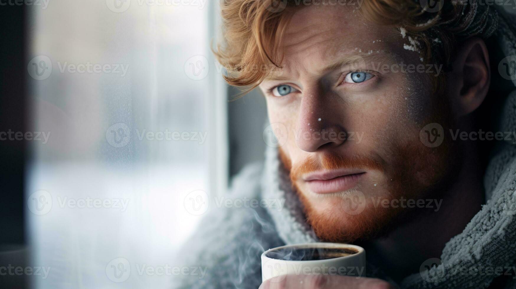 AI generated Beautiful model in cozy clothing looking outside the window to a winter scene with a cup of hot coffee photo