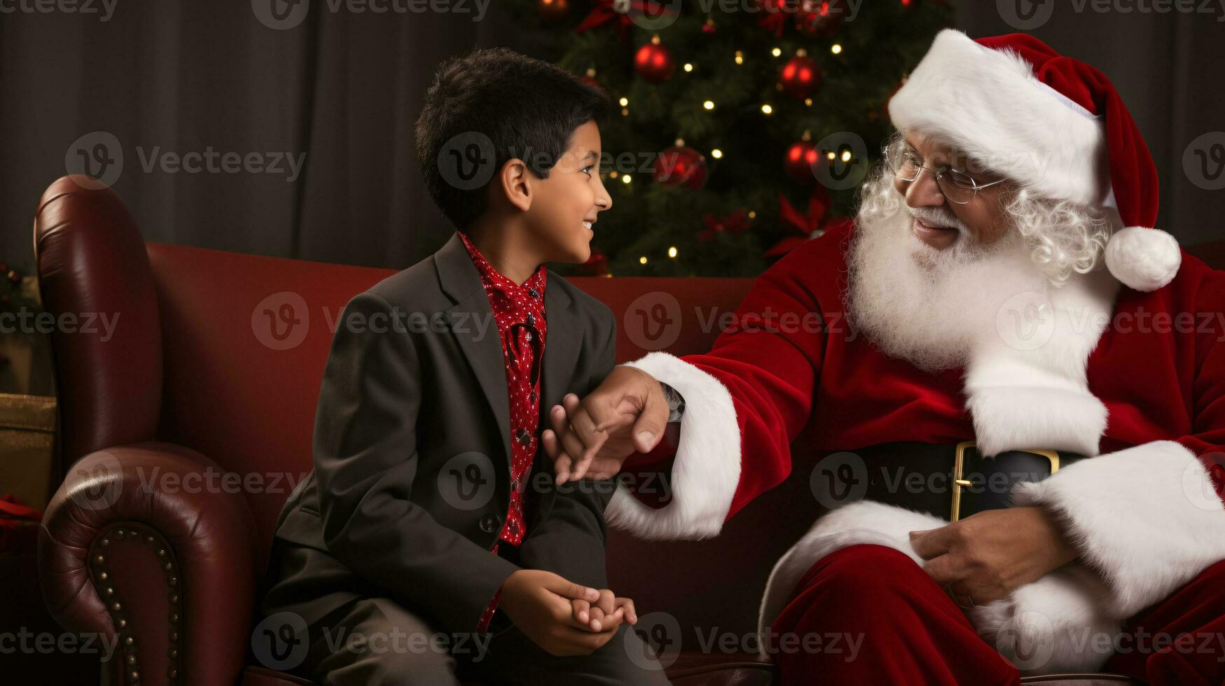 ai generative Children of different ethnicity meeting santa with a bokeh filled background photo