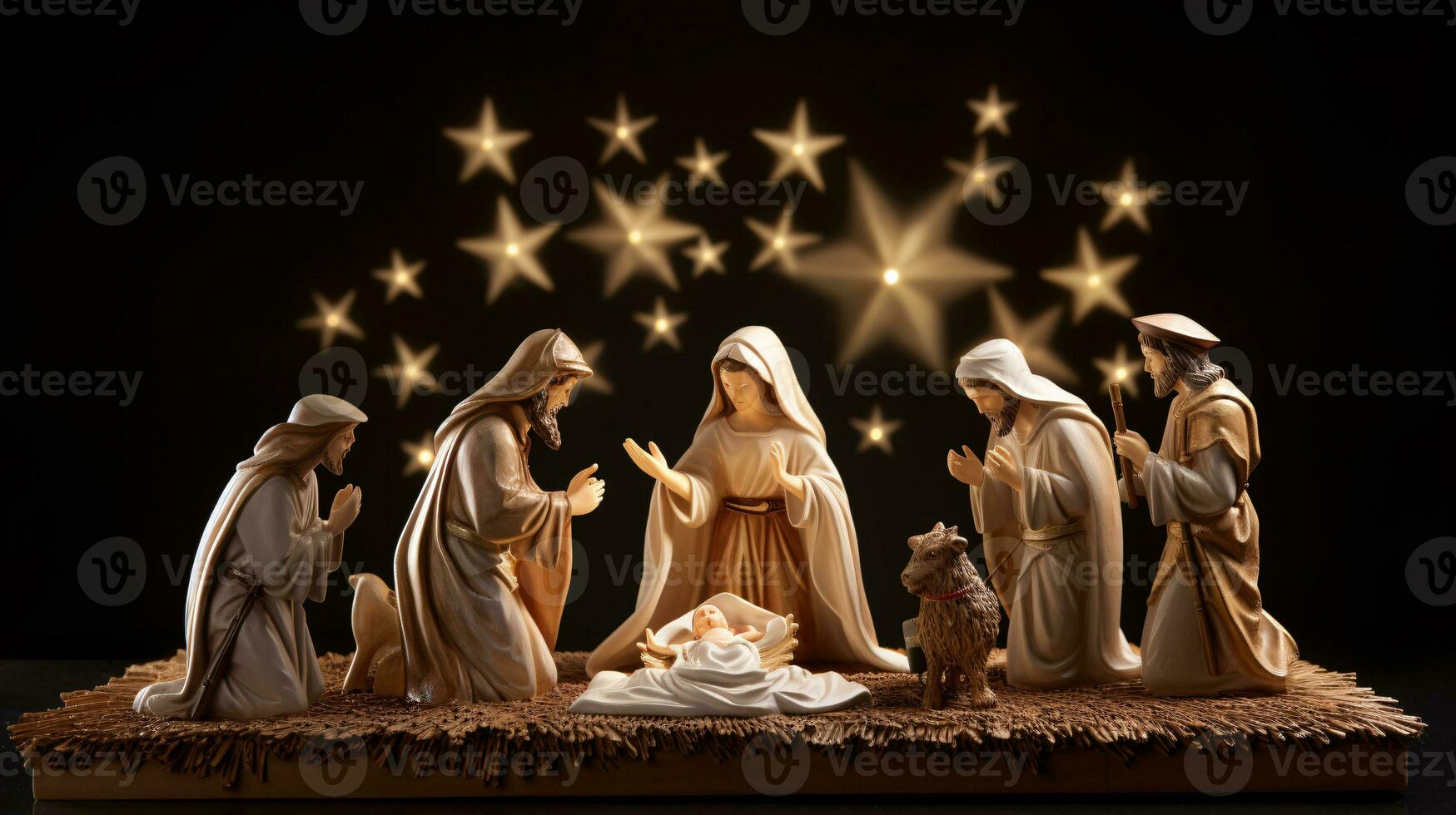 ai generativo Navidad iluminado por las estrellas natividad escena diorama retratar el historia de Jesús nacimiento foto