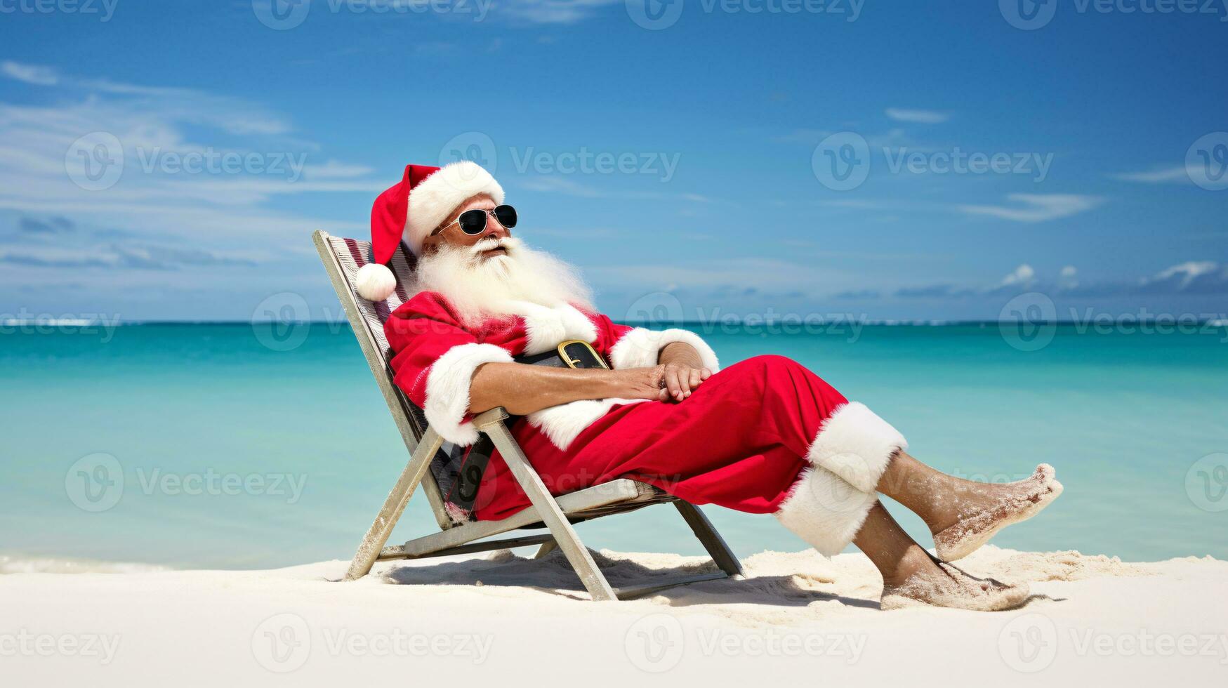 ai generative Santa on vacation relaxing on a tropical beach photo