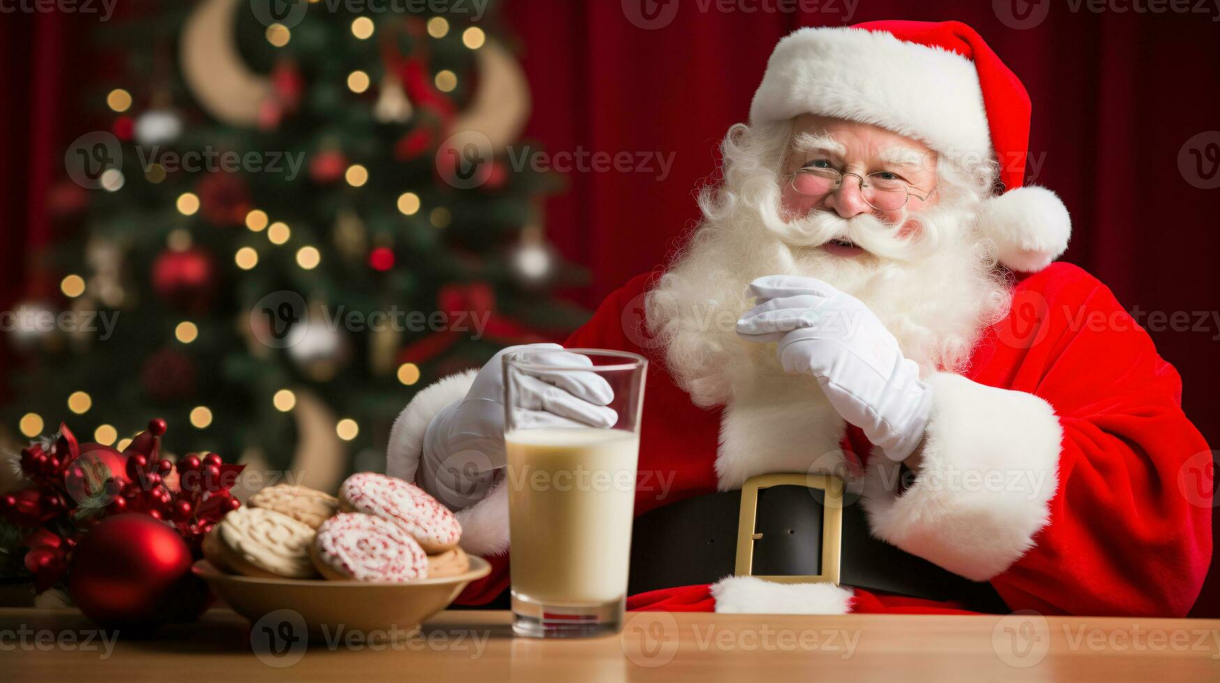 ai generativo contento Papa Noel claus comiendo Leche y galletas foto