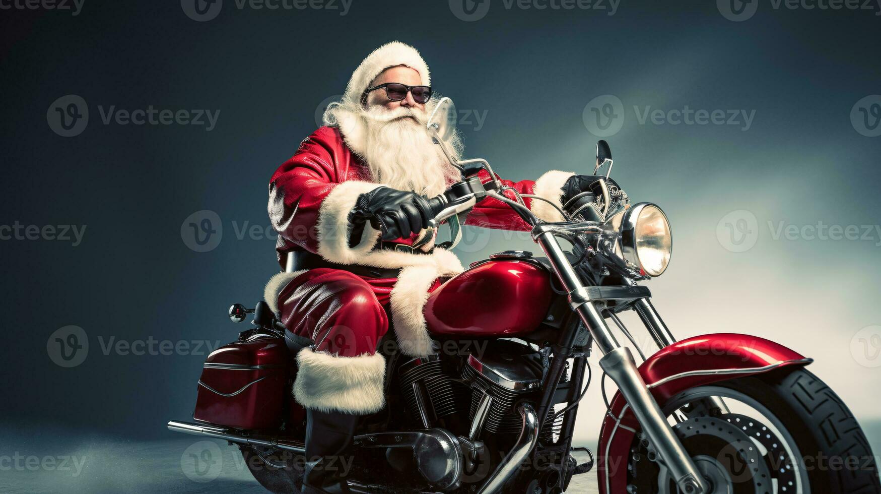 ai generative  Cool biker santa with sunglasses on a motorbike photo