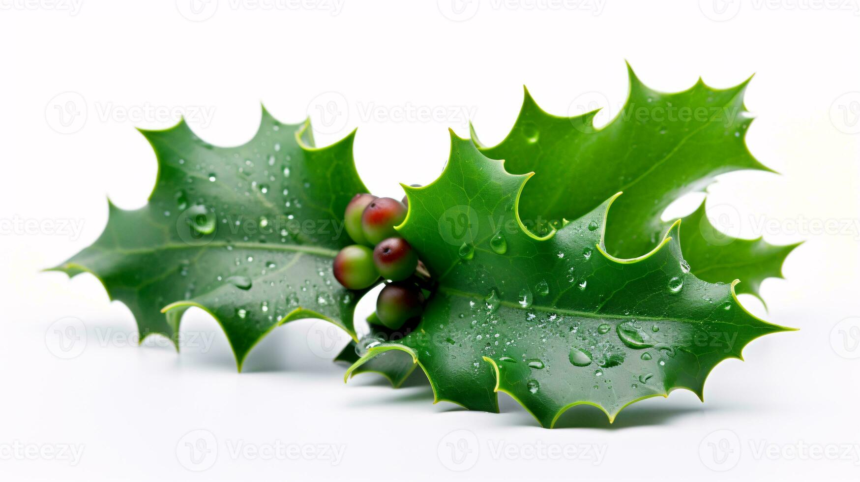 ai generative Close up of Crisp Holly Leaves with ice and red berry photo