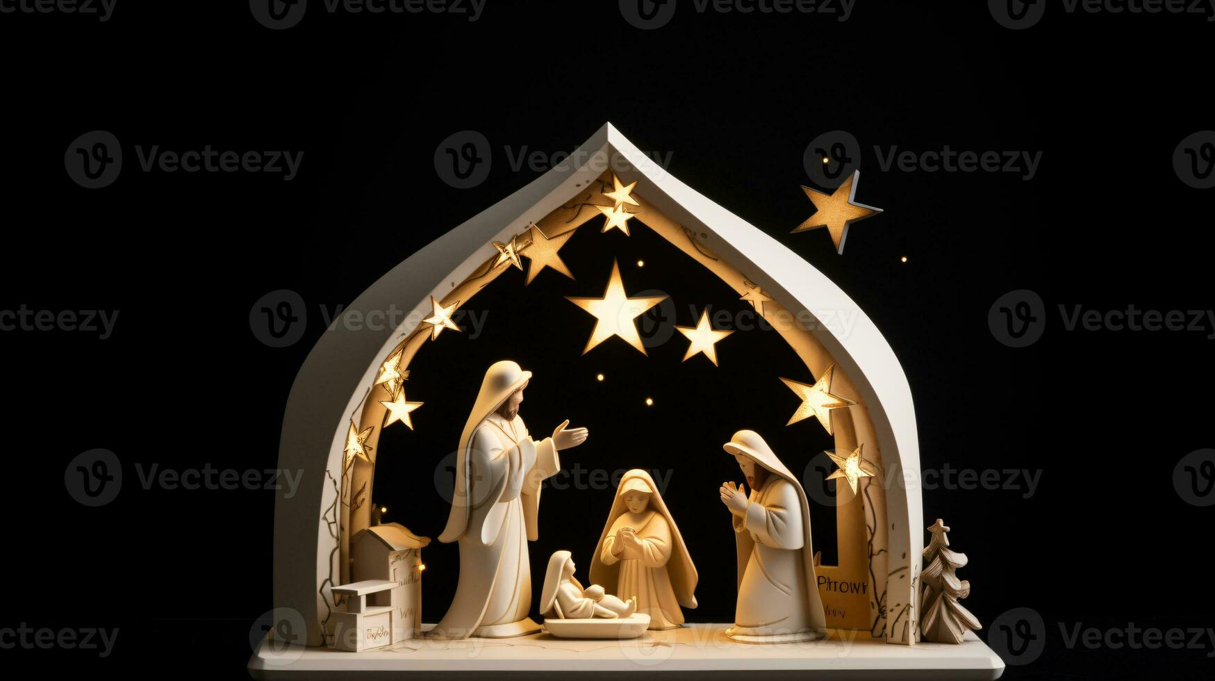 ai generativo Navidad iluminado por las estrellas natividad escena diorama retratar el historia de Jesús nacimiento foto