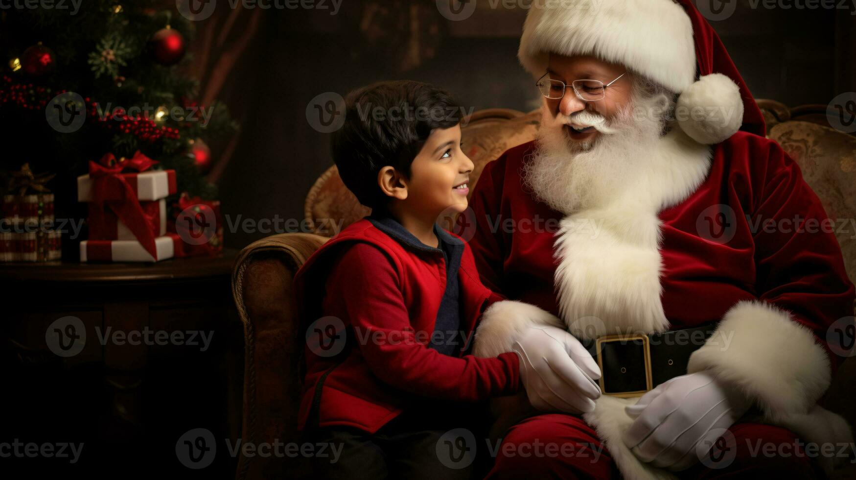 ai generative Children of different ethnicity meeting santa with a bokeh filled background photo