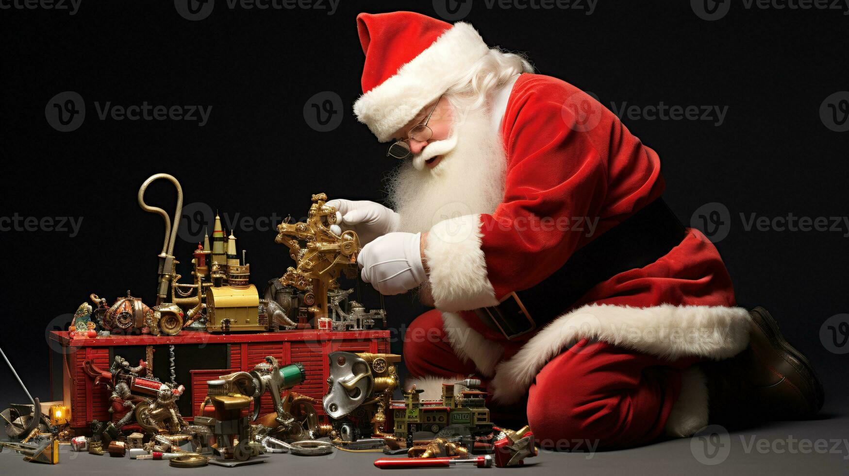 ai generative Santa in his workshop building, tinkering on toys photo
