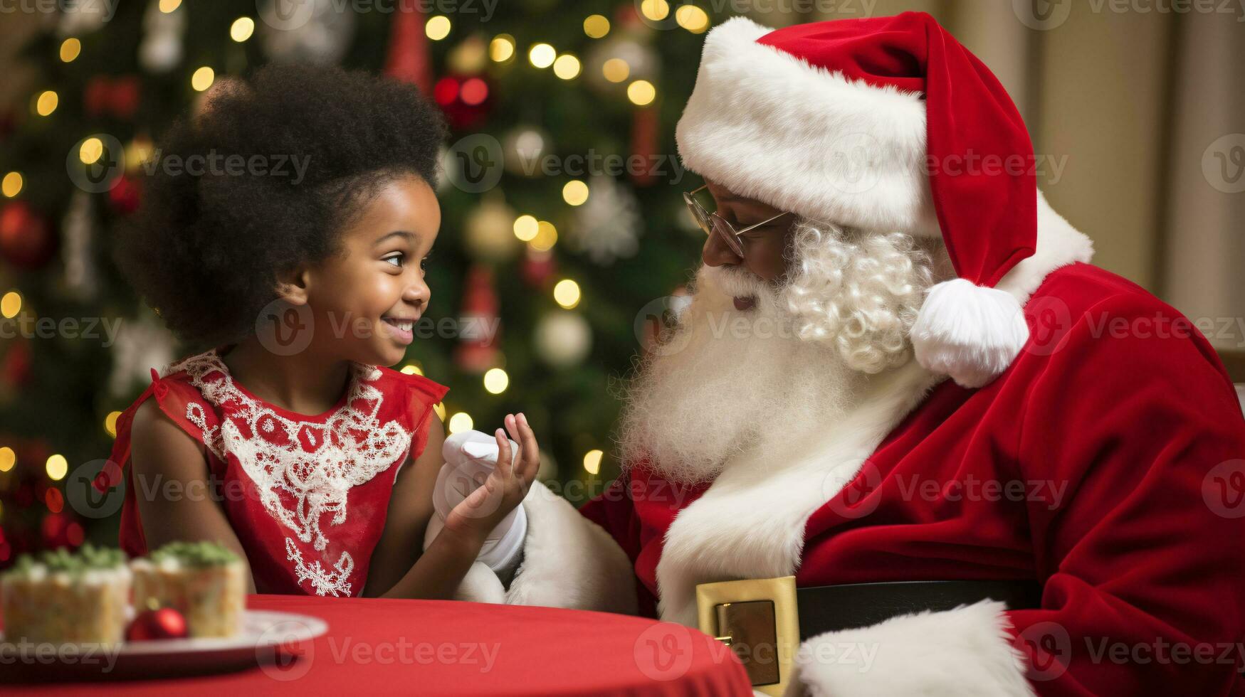 ai generative Children of different ethnicity meeting santa with a bokeh filled background photo