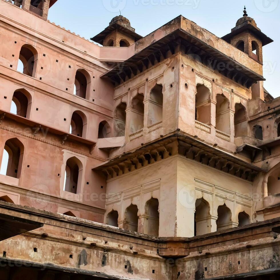 Beautiful view of Orchha Palace Fort, Raja Mahal and chaturbhuj temple from jahangir mahal, Orchha, Madhya Pradesh, Jahangir Mahal Orchha Fort in Orchha, Madhya Pradesh, Indian archaeological sites photo