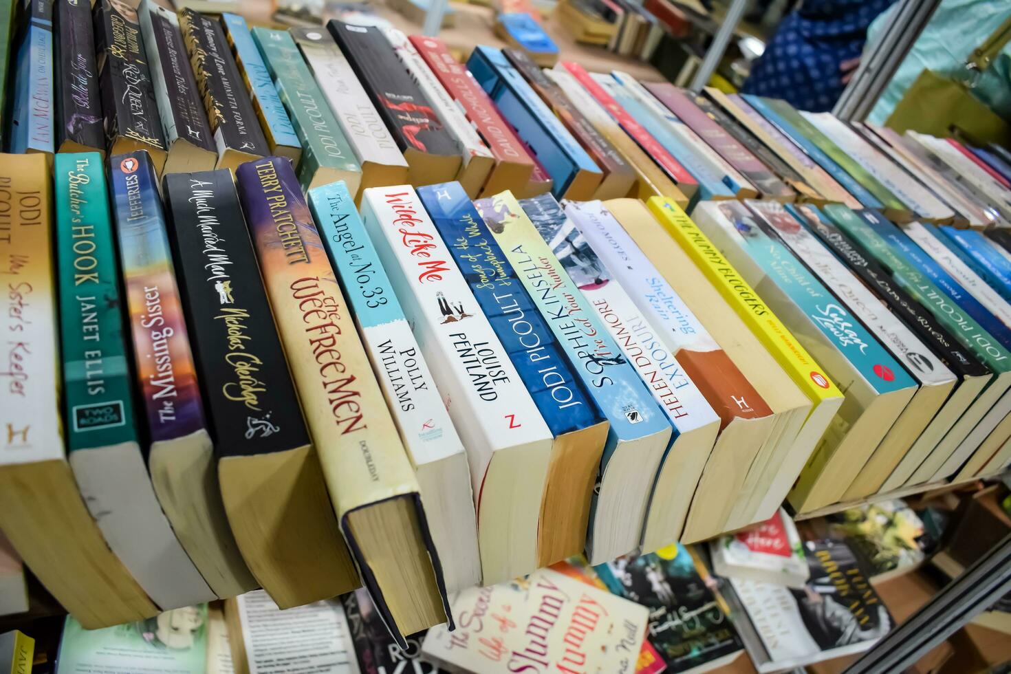 New Delhi, India, September 09 2023 - Variety of Books on shelf inside a book-stall at Delhi International Book Fair, Selection of books on display in Annual Book Fair. photo