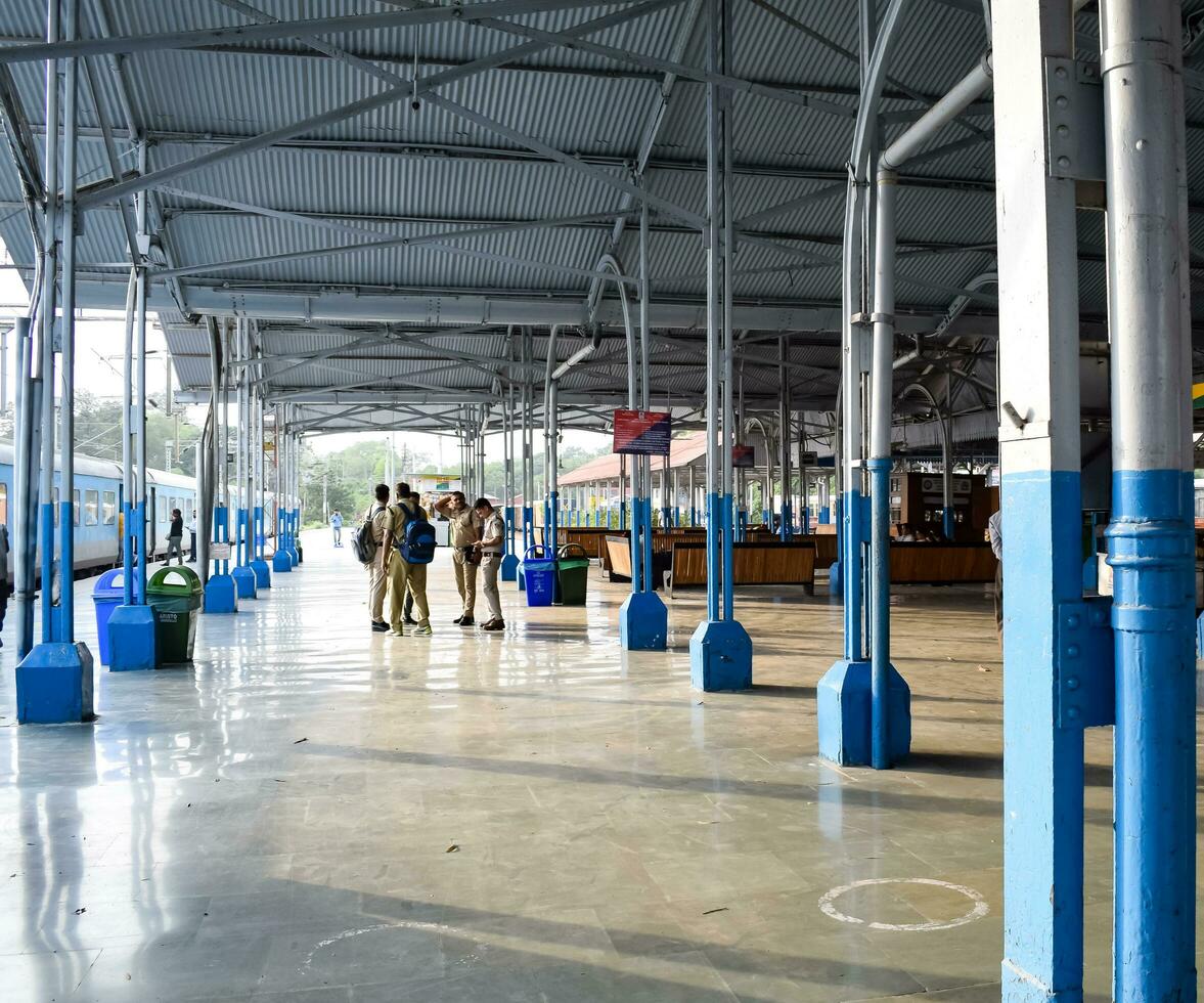 Kalka, Haryana, India May 14 2023 - View of Kalka railway station from where Toy train runs from Kalka Shimla route during daytime, Toy train station platform, Indian Railway junction, Heavy industry photo