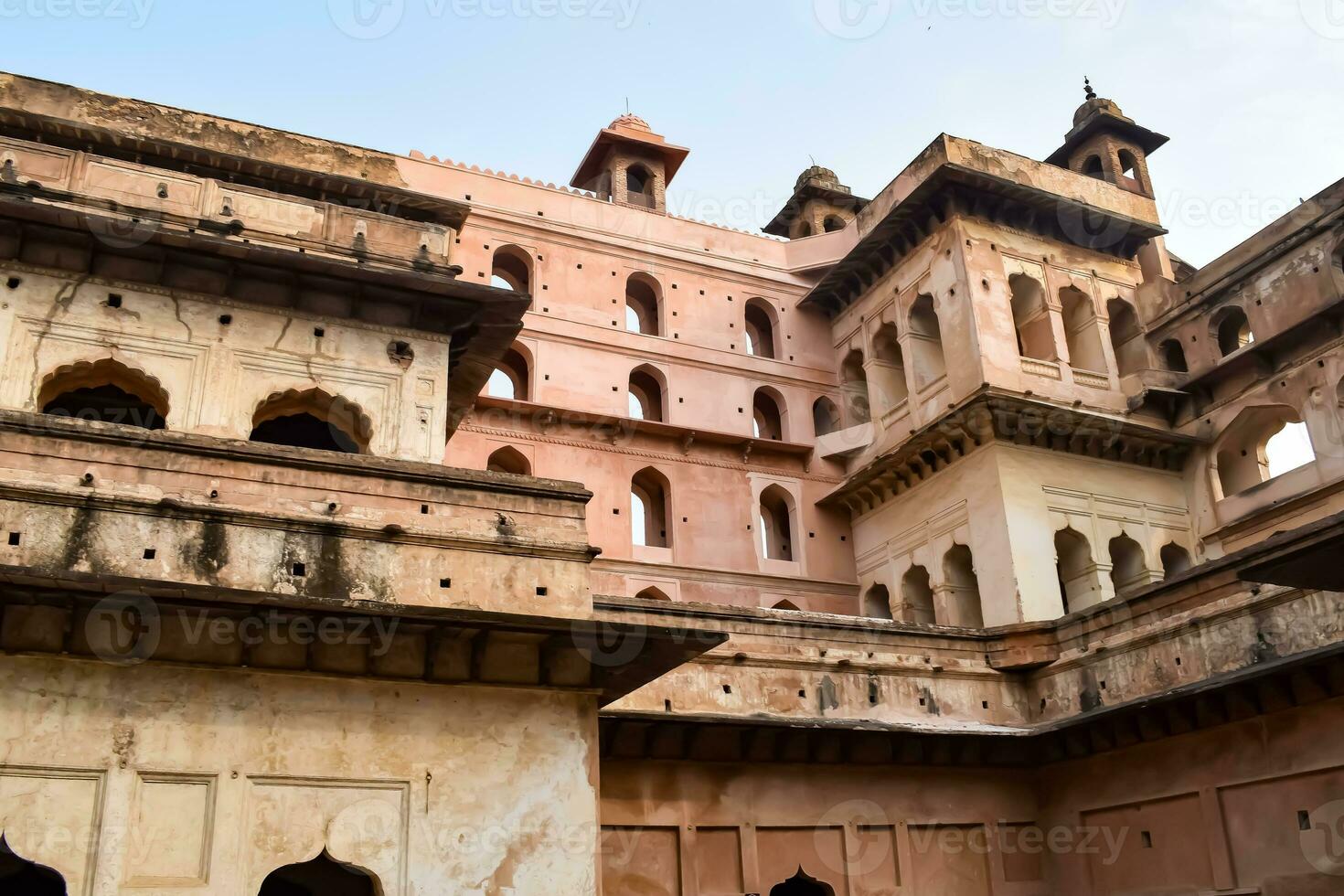 Beautiful view of Orchha Palace Fort, Raja Mahal and chaturbhuj temple from jahangir mahal, Orchha, Madhya Pradesh, Jahangir Mahal Orchha Fort in Orchha, Madhya Pradesh, Indian archaeological sites photo