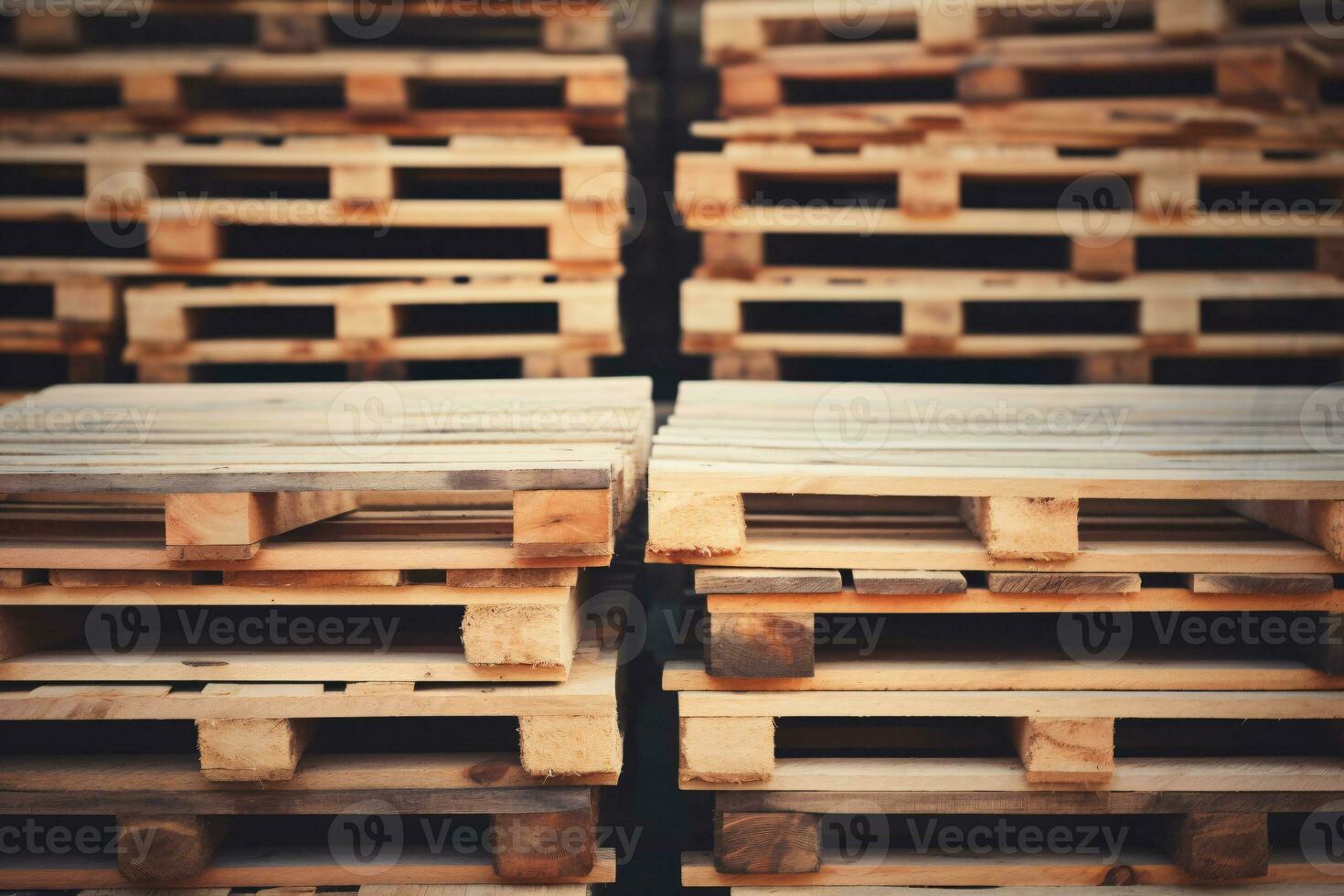 Stack of wooden pallet. Industrial wood pallet at factory warehouse. Cargo and shipping. Sustainability of supply chains. Eco-friendly and sustainable properties. Renewable wood pallet. Generative AI. photo