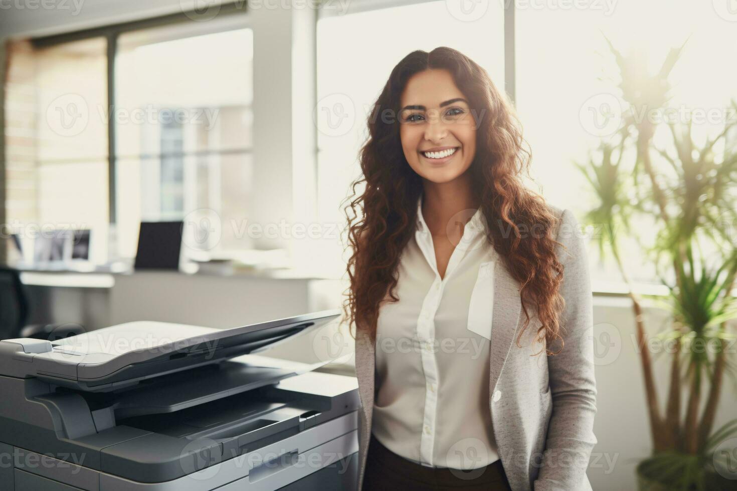 Office worker prints paper on multifunction laser printer. Document and paperwork concept. Secretary work. Smiling woman working in business office. Copy, print, scan, and fax machine. Generative AI. photo