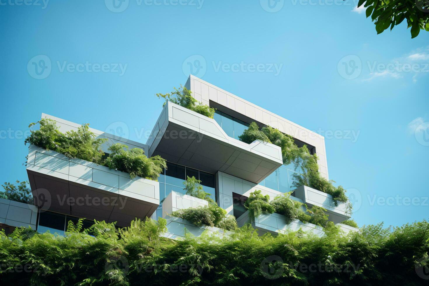 Eco-friendly building in the modern city. Sustainable glass office building with tree for reducing carbon dioxide. Office building with green environment. Corporate building reduce CO2. Generative AI photo