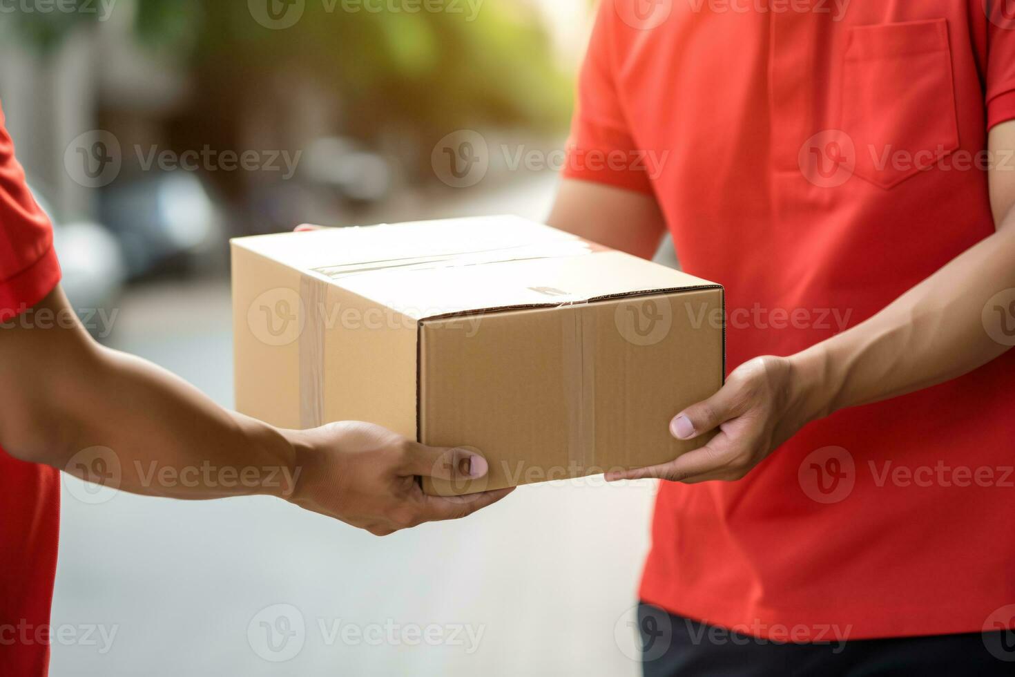 Delivery courier service. Delivery man in red uniform holding a cardboard box delivering to door of customer home. A man postal delivery man delivering package. Home delivery concept. Generative AI. photo