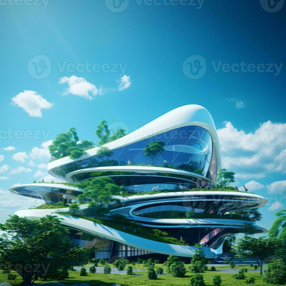 Futuristic green architecture in modern city. Sustainable glass office building with vertical garden. Office building with green environment. Eco-friendly corporate building. ESG. Generative AI. photo
