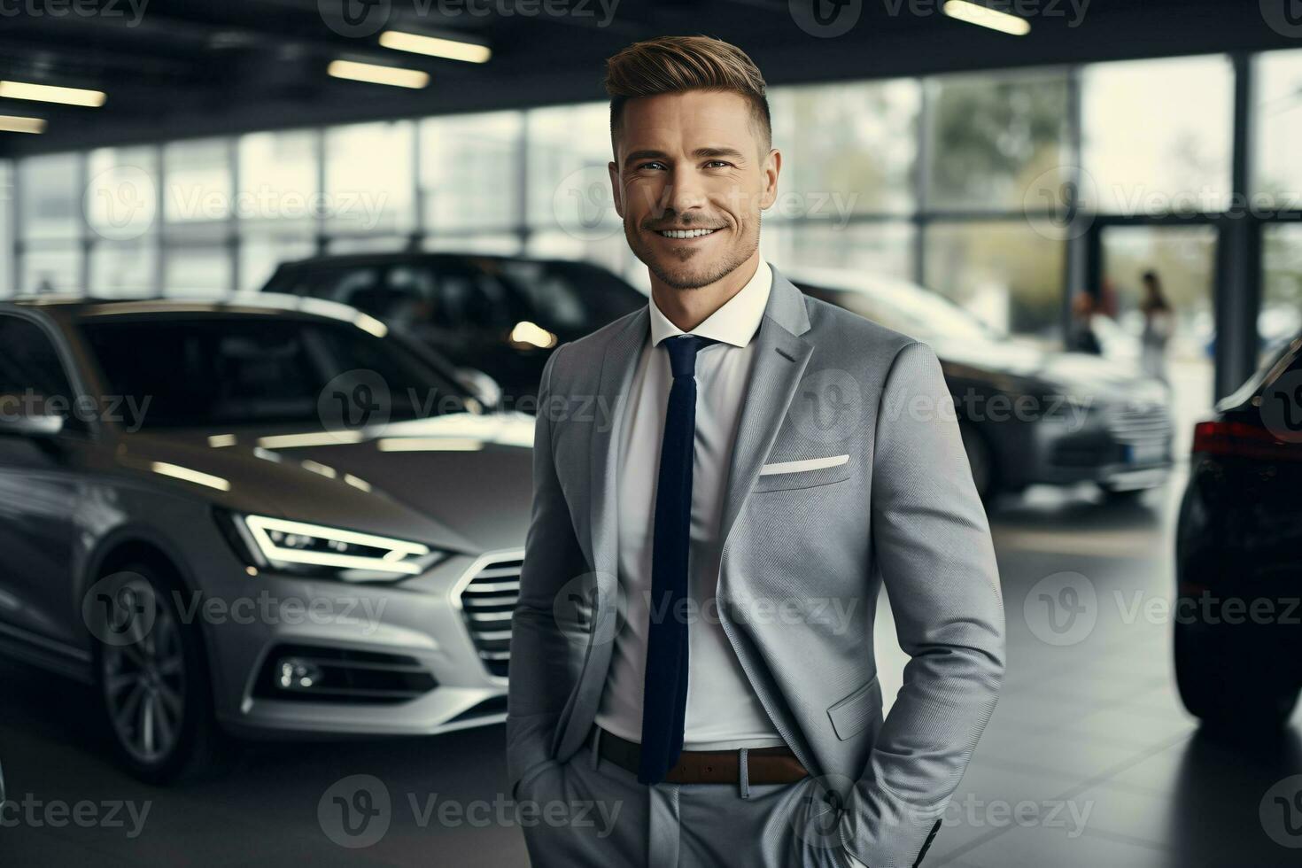 Professional luxury car salesman in luxury showroom. Smiling salesman in showroom. Expensive car. Car dealer business. Automotive industry. Luxury car agent. Auto dealership office. Generative AI. photo