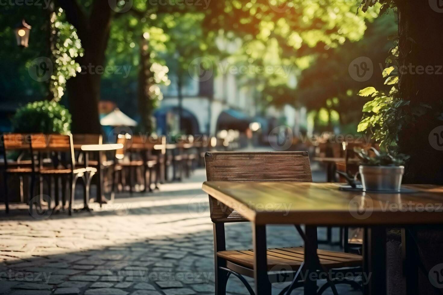 al aire libre mesa de café café y restaurante. verano terraza en ciudad calle. vacío fuera de mesas y sillas de al aire libre café en difuminar verde jardín. acogedor al aire libre zona café y restaurante. generativo ai. foto