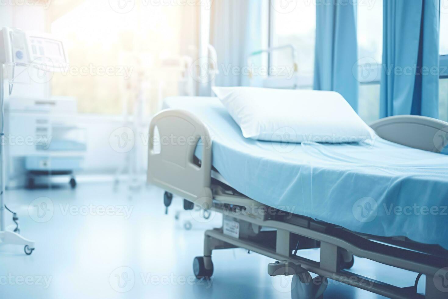 Hospital bed in emergency room blurred background. Abstract blurred medical clinic interior. Medical emergency room in luxury hospital. Healthcare and medical center background. Generative AI. photo