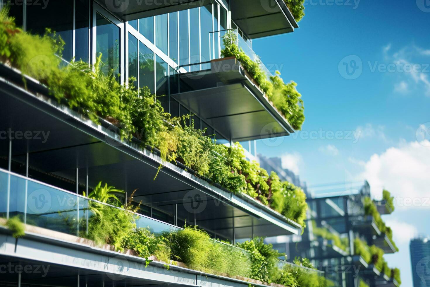 Eco-friendly building in the modern city. Sustainable glass office building with tree for reducing carbon dioxide. Office building with green environment. Corporate building reduce CO2. Generative AI photo