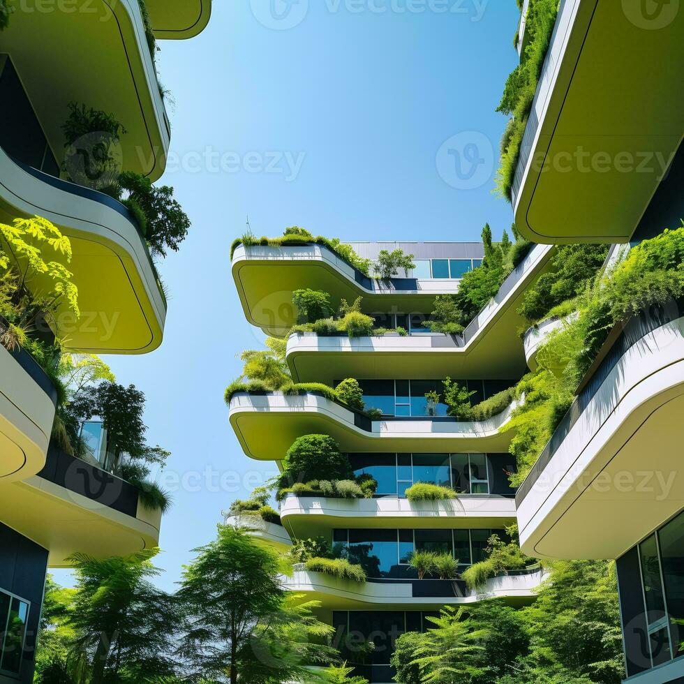 Green architecture. Sustainable glass office building with solar panels and vertical garden. Modern contemporary office building with green environment. Eco-friendly corporate building. Generative AI. photo