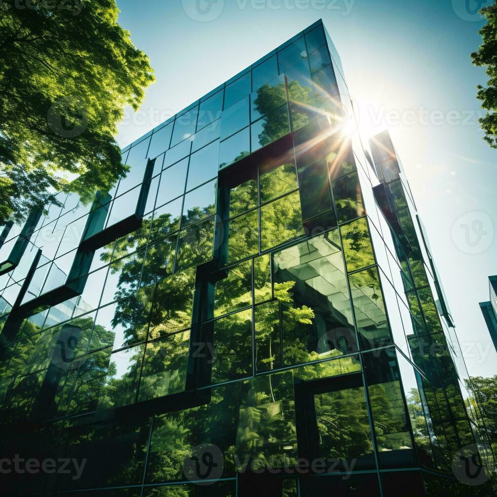 Eco-friendly building in the modern city. Sustainable glass office building with tree for reducing carbon dioxide. Office building with green environment. Corporate building reduce CO2. Generative AI. photo