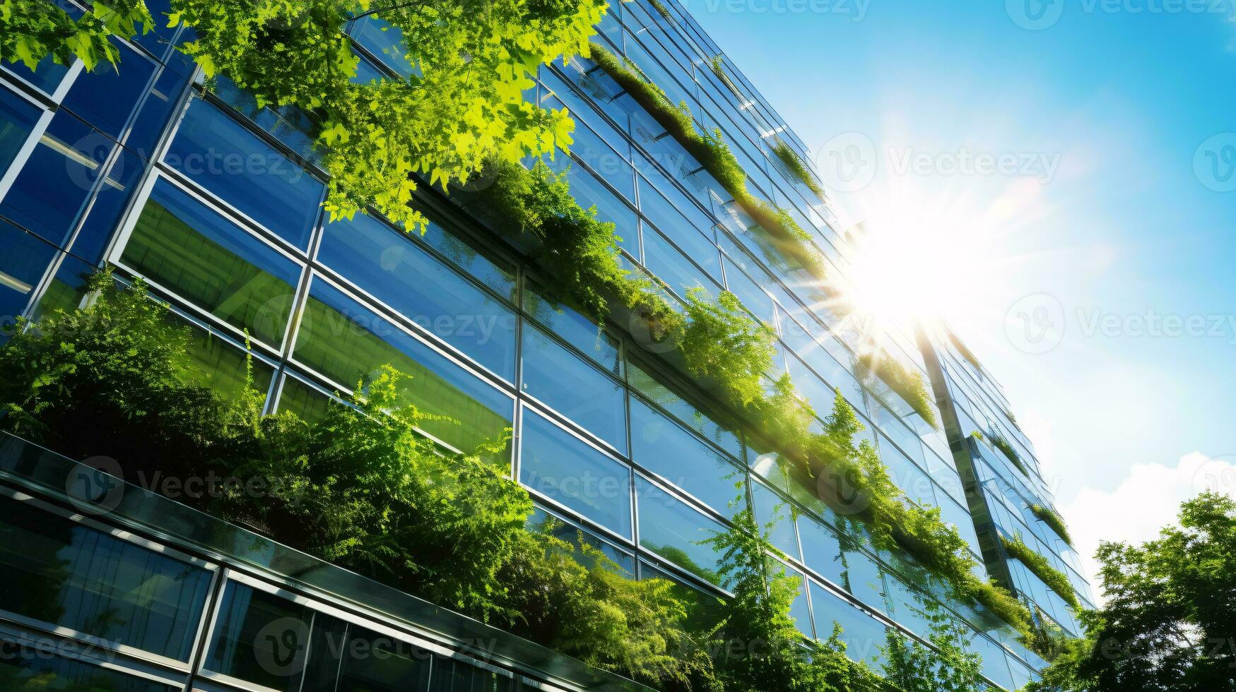 Eco-friendly building in the modern city. Sustainable glass office building with tree for reducing carbon dioxide. Office building with green environment. Corporate building reduce CO2. Generative AI photo