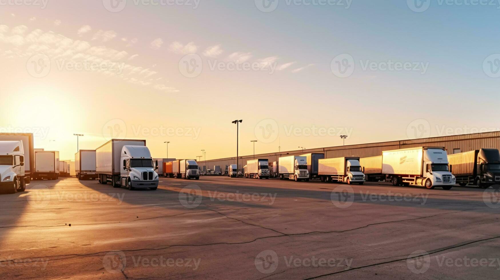 Fleet of trucks parked at parking lot yard of delivery company. Truck transport. Logistic industry. Freight transportation. Commercial truck for delivering goods from warehouse. Generative AI. photo