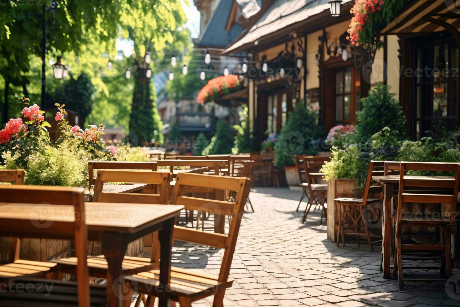 al aire libre mesa de café café y restaurante. verano terraza en ciudad calle. vacío fuera de mesas y sillas de al aire libre café en difuminar verde jardín. acogedor al aire libre zona café y restaurante. generativo ai. foto