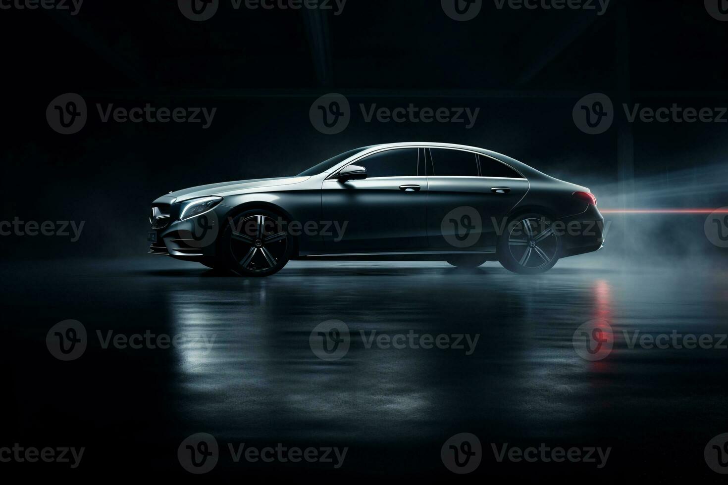 Luxury expensive car parked on dark background. Sport and modern luxury design gray car. Shiny clean lines and detailed side view of modern automotive. Automotive advertising banner. Generative AI. photo