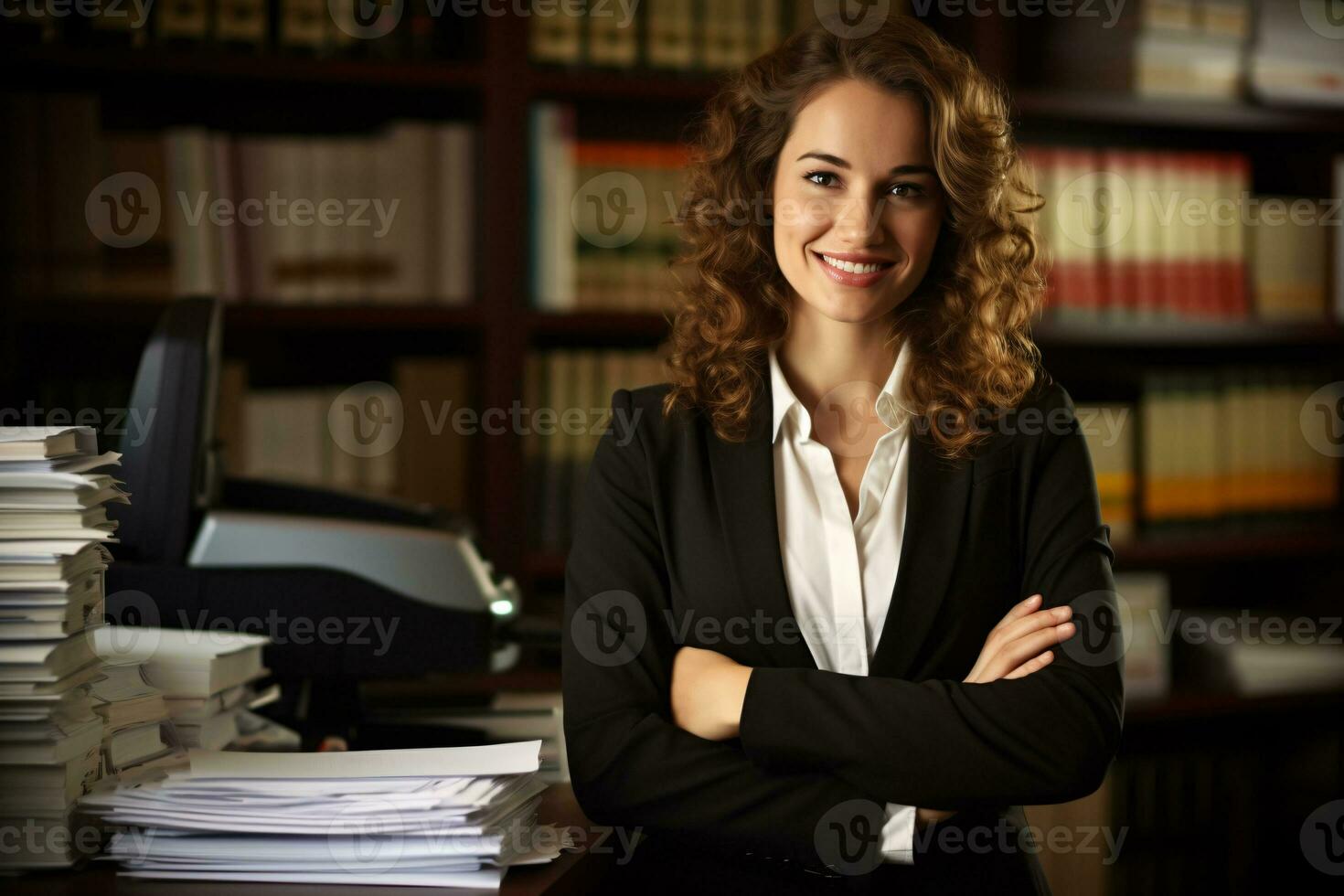 profesional secretario en pie a escritorio con papeleo apilado. documento y papeleo concepto. secretario trabajar. sonriente joven mujer trabajando en un negocio oficina. abogado oficina. generativo ai. foto