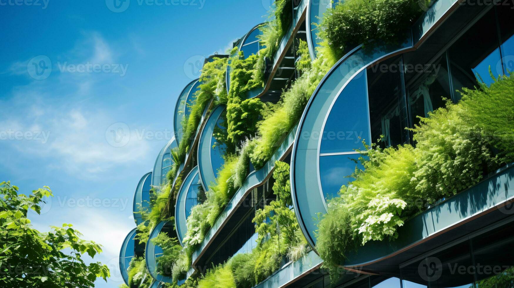 Eco-friendly building in the modern city. Sustainable glass office building with tree for reducing carbon dioxide. Office building with green environment. Corporate building reduce CO2. Generative AI photo