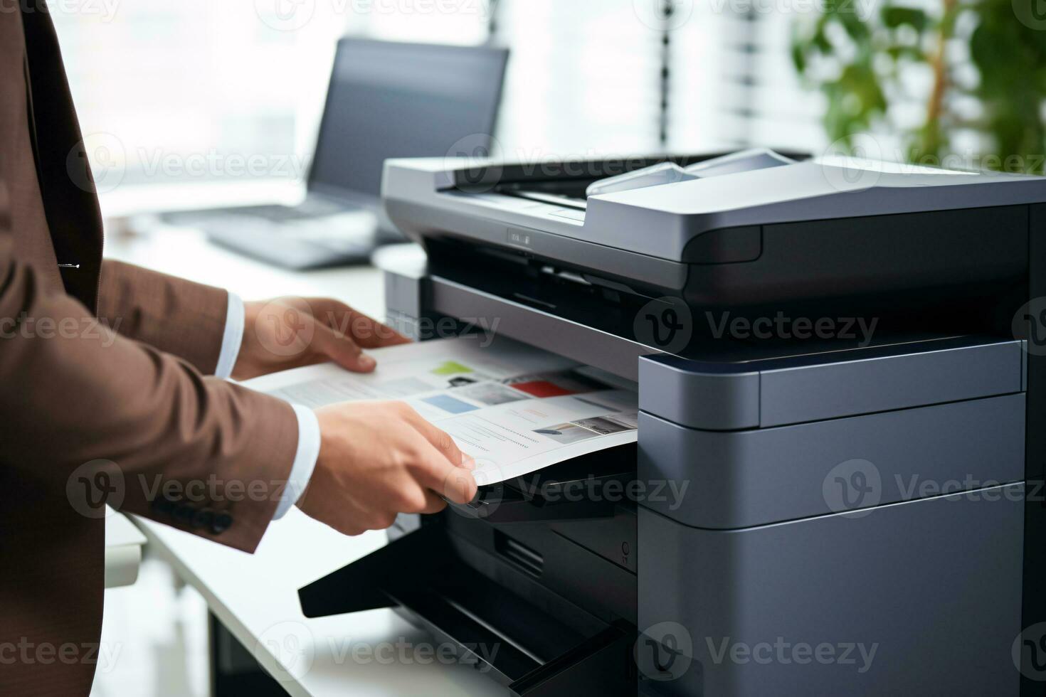 Businessman print paper on a multifunction laser printer in business office. Document and paperwork. Secretary work. Copy, print, scan, and fax machine. Print technology. Photocopy. Generative AI. photo