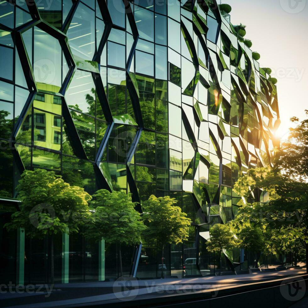 Respetuoso del medio ambiente edificio en el moderno ciudad. sostenible vaso oficina edificio con árbol para reduciendo carbón dióxido. oficina edificio con verde ambiente. corporativo edificio reducir co2 generativo ai. foto