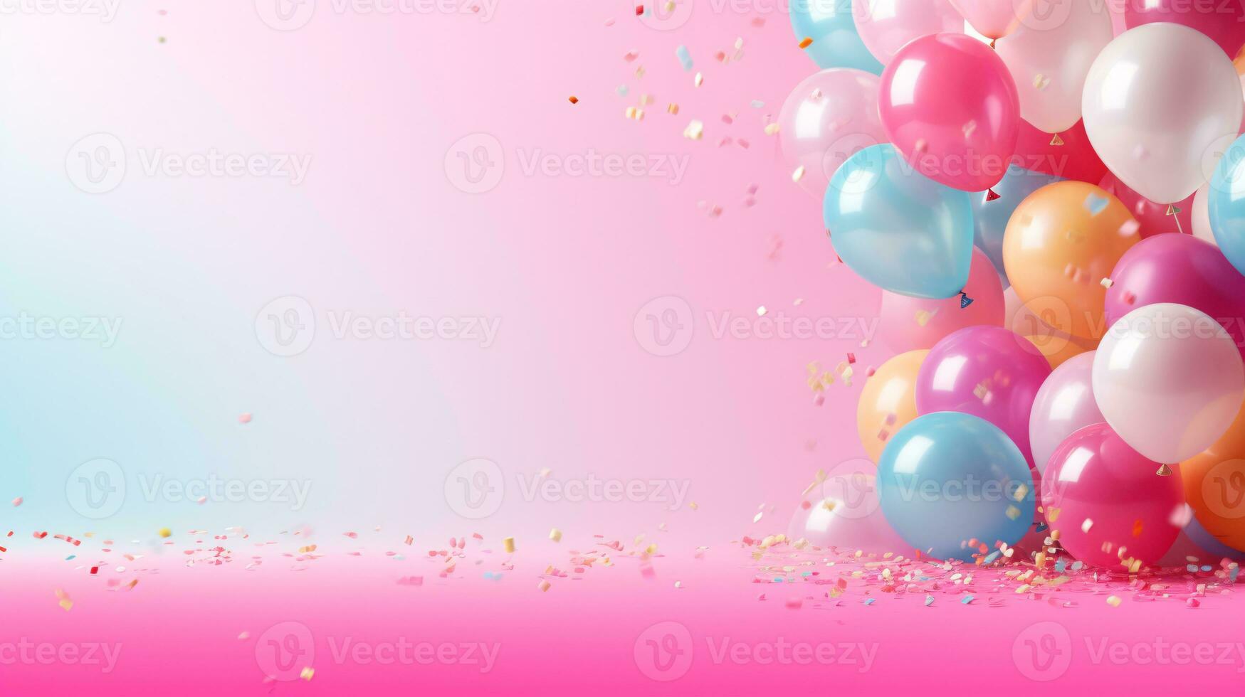 Multicolored balloons with helium on pink abstract background. Concept of happy birthday, new year, party, wedding, valentine's day, happiness, joy, festival, holiday promotion banner. Generative AI. photo