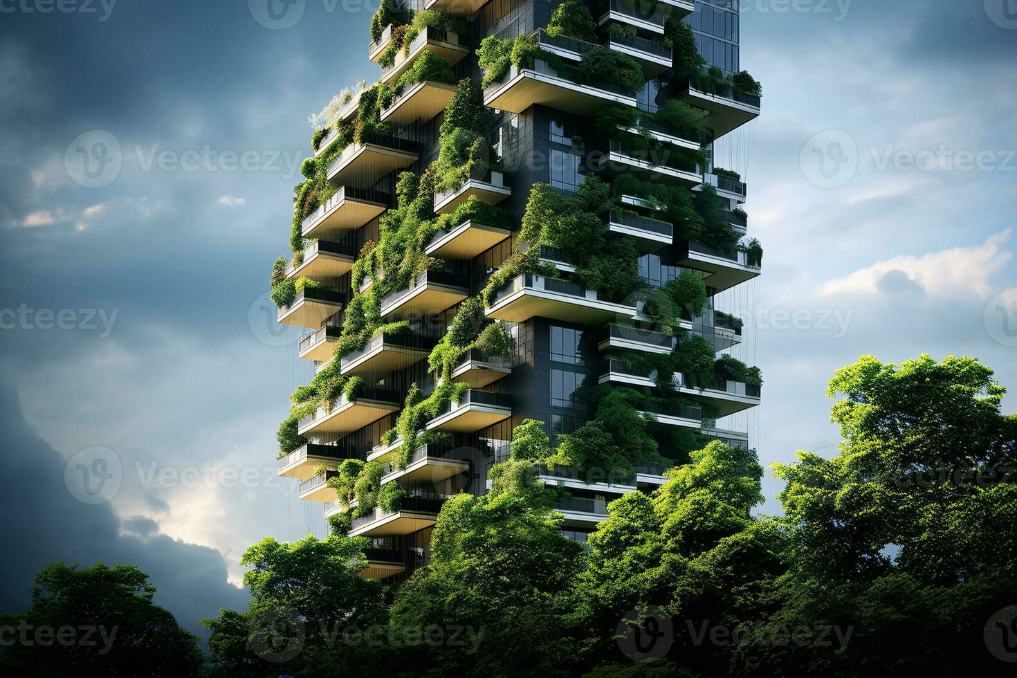 Sustainable green building in modern city. Green architecture. Eco-friendly building. Sustainable residential building with vertical garden reduce CO2. Apartment with green environment. Generative AI. photo