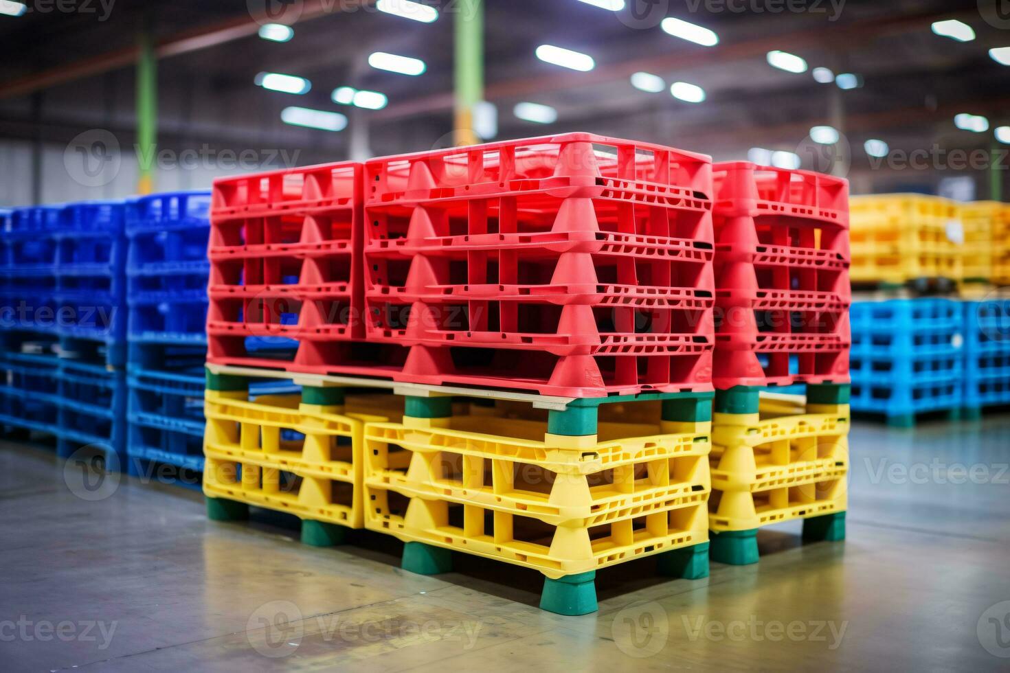 Pile of plastic shipping pallet. Industrial plastic pallet stacked at factory warehouse. Plastic pallet rack for export delivery industry. Plastic pallet storage warehouse. Generative AI. photo